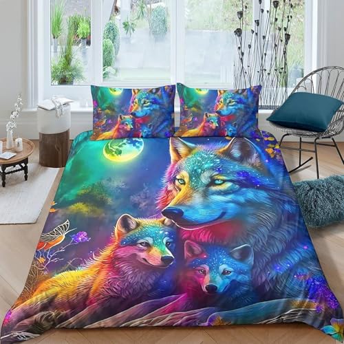 TZOVPCDFA Wolf Bettbezug Bettwäsche Set Kinderbettwäsche-Set Reißverschluss Mit Kissenbezügen Betten Set Für Jungen Und Mädchen, Kinder King（220x240cm） von TZOVPCDFA