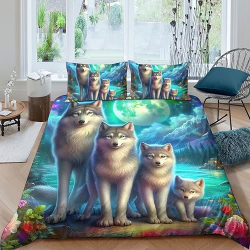 TZOVPCDFA Wolf Bettbezug Bettwäsche Set Kinderbettwäsche-Set Reißverschluss Mit Kissenbezug Betten Set Für Jugendliche Kinder Schlafzimmer Double（200x200cm） von TZOVPCDFA