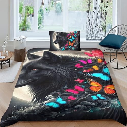 TZOVPCDFA Wolf Bettbezug Bettwäsche Set Kinderbettwäsche-Set Reißverschluss Mit Kissenbezug Betten Set Für Jugendliche Kinder Schlafzimmer Single（135x200cm） von TZOVPCDFA