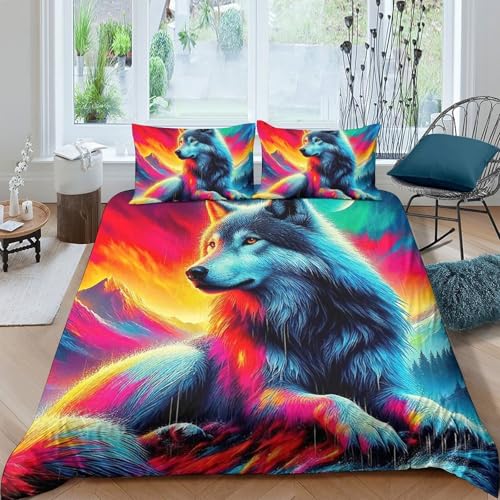TZOVPCDFA Wolf Bettbezug Bettwäsche Set Kinderbettwäsche-Set Reißverschluss Mit Kissenbezug Betten Set Für Jungen Und Mädchen, Kinder King（220x240cm） von TZOVPCDFA