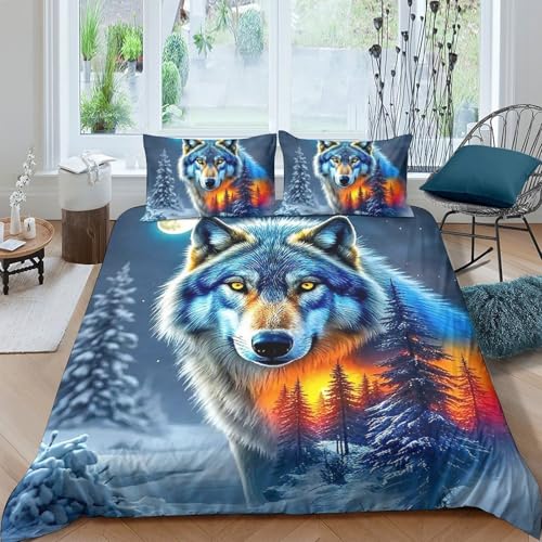 TZOVPCDFA Wolf Bettbezug Bettwäsche-Sets Kinderbettwäsche Reißverschluss Mit Kissenbezügen Betten Set Für Jungen Und Mädchen, Kinder Double（200x200cm） von TZOVPCDFA