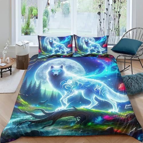 TZOVPCDFA Wolf Bettbezug Bettwäsche-Sets Kinderbettwäsche Reißverschluss Mit Kissenbezug Betten Set Für Jugendliche Kinder Schlafzimmer Double（200x200cm） von TZOVPCDFA
