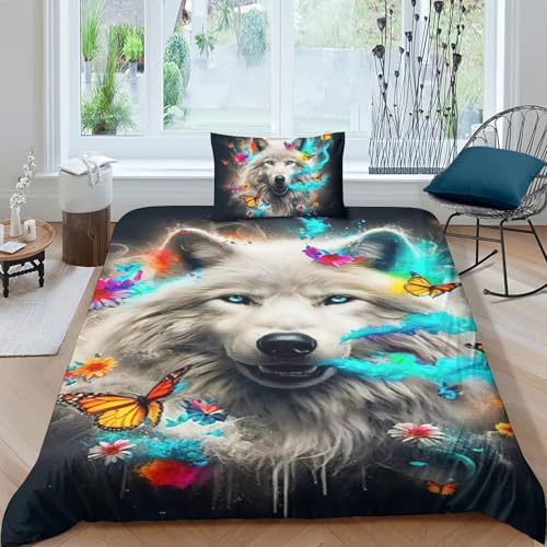 TZOVPCDFA Wolf Bettbezug Bettwäsche-Sets Kinderbettwäsche Reißverschluss Mit Kissenbezug Betten Set Für Jugendliche Kinder Schlafzimmer Single（135x200cm） von TZOVPCDFA
