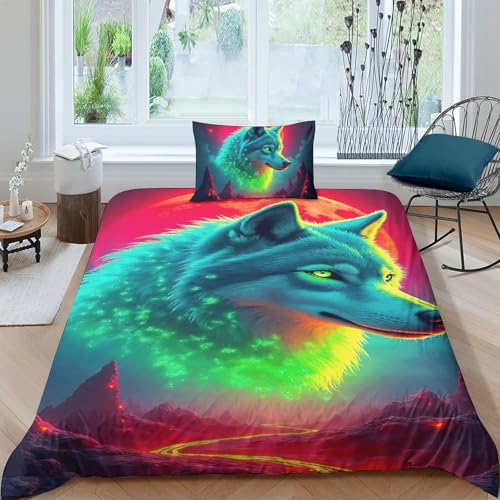 TZOVPCDFA Wolf Bettbezug Bettwäsche-Sets Kinderbettwäsche Reißverschluss Mit Kissenbezug Betten Set Für Jungen Und Mädchen, Kinder Single（135x200cm） von TZOVPCDFA