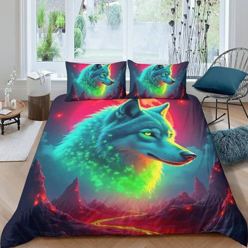 TZOVPCDFA Wolf Bettbezug Bettwäsche-Sets Kinderbettwäsche-Set Reißverschluss Mit Kissenbezügen Betten Set Für Jungen Und Mädchen, Kinder Double（200x200cm） von TZOVPCDFA