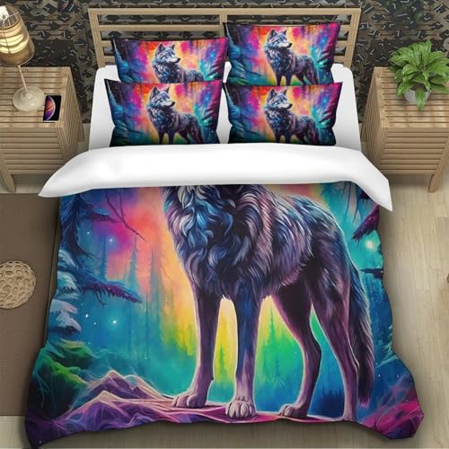 TZOVPCDFA Wolf Bettbezug Set Bettwäsche Kinderbettwäsche Reißverschluss Mit Kissenbezügen Betten Set Für Jungen Und Mädchen, Kinder Super King（260x220cm） von TZOVPCDFA