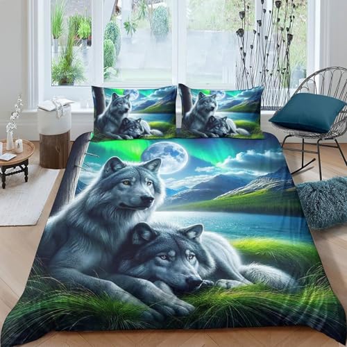 TZOVPCDFA Wolf Bettbezug Set Bettwäsche Kinderbettwäsche Reißverschluss Mit Kissenbezug Betten Set Für Jungen Und Mädchen, Kinder King（220x240cm） von TZOVPCDFA