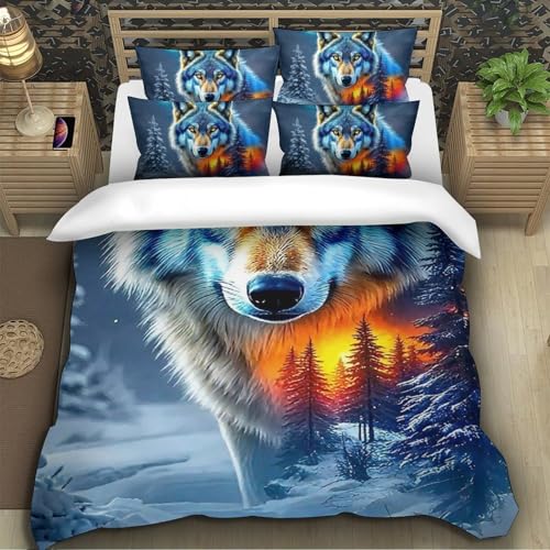 TZOVPCDFA Wolf Bettbezug Set Bettwäsche Kinderbettwäsche Reißverschluss Mit Kissenbezug Betten Set Für Jungen Und Mädchen, Kinder Single（140x200cm） von TZOVPCDFA