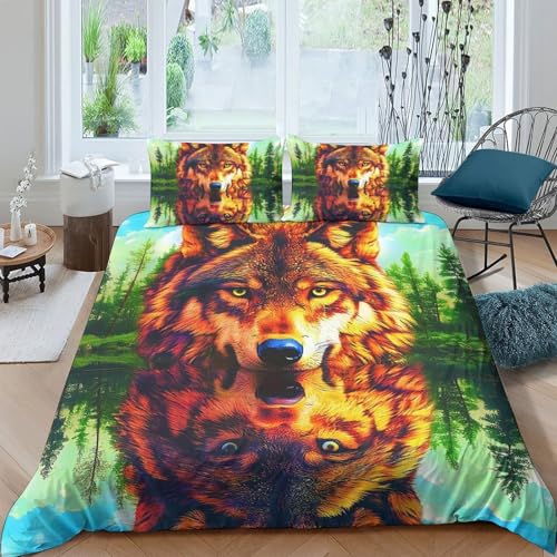 TZOVPCDFA Wolf Bettbezug Set Bettwäsche Kinderbettwäsche-Set Reißverschluss Mit Kissenbezügen Betten Set Für Jugendliche Kinder Schlafzimmer King（220x240cm） von TZOVPCDFA