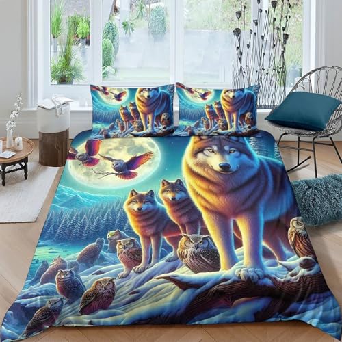 TZOVPCDFA Wolf Bettbezug Set Bettwäsche Kinderbettwäsche-Set Reißverschluss Mit Kissenbezügen Betten Set Für Jungen Und Mädchen, Kinder King（220x240cm） von TZOVPCDFA