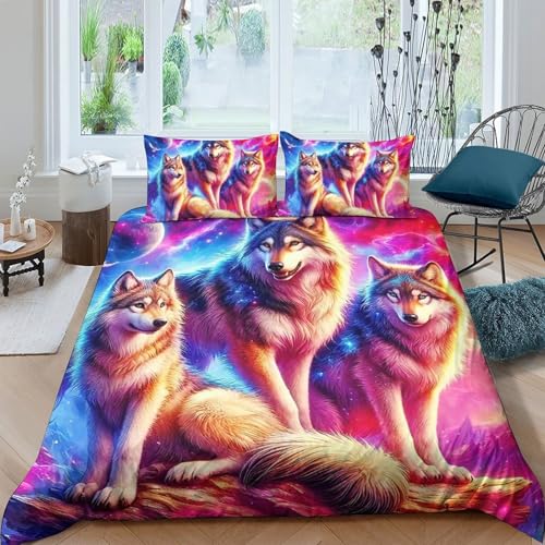 TZOVPCDFA Wolf Bettbezug Set Bettwäsche Set Kinderbettwäsche-Set Reißverschluss Mit Kissenbezügen Betten Set Für Jungen Und Mädchen, Kinder King（220x240cm） von TZOVPCDFA