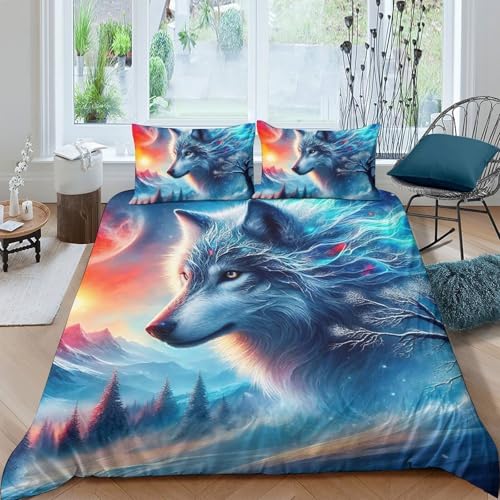 TZOVPCDFA Wolf Bettbezug Set Bettwäsche Set Kinderbettwäsche-Set Reißverschluss Mit Kissenbezug Betten Set Für Jugendliche Kinder Schlafzimmer Double（200x200cm） von TZOVPCDFA