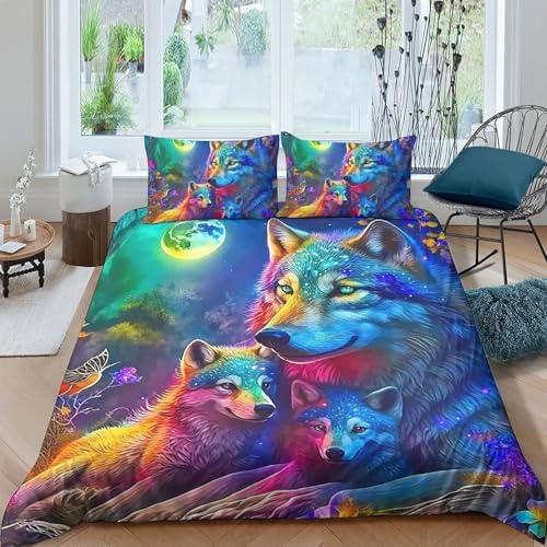 TZOVPCDFA Wolf Bettbezug Set Bettwäsche Set Kinderbettwäsche-Set Reißverschluss Mit Kissenbezug Betten Set Für Jungen Und Mädchen, Kinder Double（200x200cm） von TZOVPCDFA