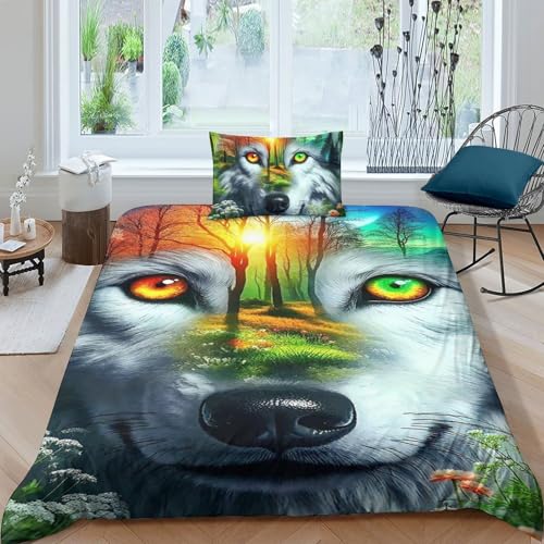 TZOVPCDFA Wolf Bettbezug Set Bettwäsche Set Kinderbettwäsche-Set Reißverschluss Mit Kissenbezug Betten Set Für Jungen Und Mädchen, Kinder Single（135x200cm） von TZOVPCDFA