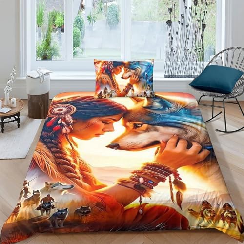 TZOVPCDFA Wolf Bettbezug Set Bettwäsche Set Kinderbettwäsche-Set Reißverschluss Mit Kissenbezug Betten Set Für Jungen Und Mädchen, Kinder Single（135x200cm） von TZOVPCDFA