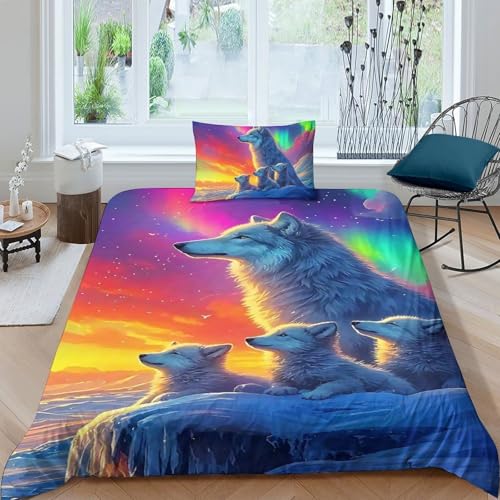 TZOVPCDFA Wolf Bettbezug Set Bettwäsche-Sets Kinderbettwäsche-Set Reißverschluss Mit Kissenbezügen Betten Set Für Jugendliche Kinder Schlafzimmer Single（135x200cm） von TZOVPCDFA