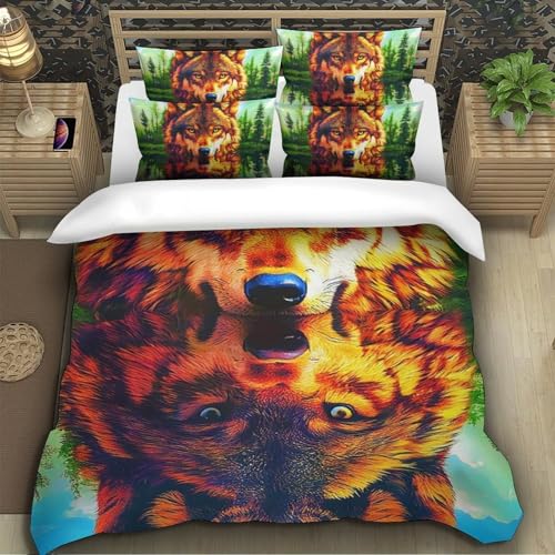 TZOVPCDFA Wolf Bettbezug Set Bettwäsche-Sets Kinderbettwäsche-Set Reißverschluss Mit Kissenbezügen Betten Set Für Jungen Und Mädchen, Kinder Single（140x200cm） von TZOVPCDFA