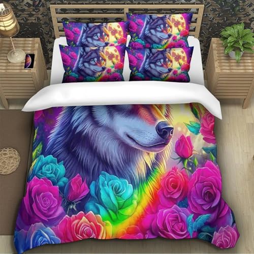 TZOVPCDFA Wolf Bettbezug Set Bettwäsche-Sets Kinderbettwäsche-Set Reißverschluss Mit Kissenbezügen Betten Set Für Jungen Und Mädchen, Kinder Super King（260x220cm） von TZOVPCDFA