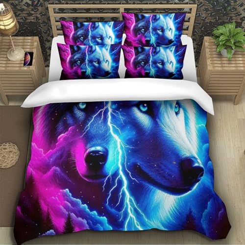 TZOVPCDFA Wolf Bettbezug Set Bettwäsche-Sets Kinderbettwäsche-Set Reißverschluss Mit Kissenbezügen Betten Set Für Jungen Und Mädchen, Kinder Super King（260x220cm） von TZOVPCDFA