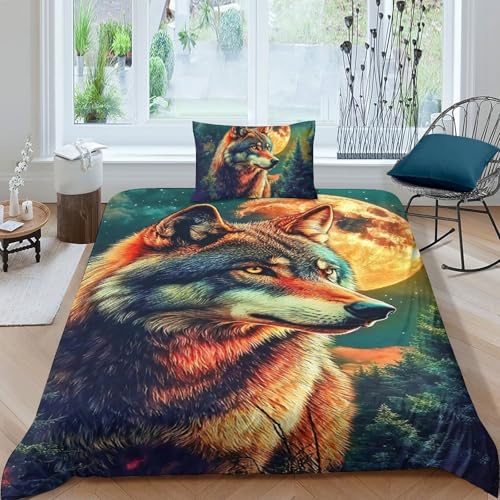 TZOVPCDFA Wolf Bettbezug Set Bettwäsche-Sets Kinderbettwäsche-Set Reißverschluss Mit Kissenbezug Betten Set Für Jugendliche Kinder Schlafzimmer Single（135x200cm） von TZOVPCDFA