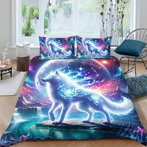 TZOVPCDFA Wolf Bettbezug Set Bettwäsche-Sets Kinderbettwäsche-Set Reißverschluss Mit Kissenbezug Betten Set Für Jungen Und Mädchen, Kinder Double（200x200cm） von TZOVPCDFA