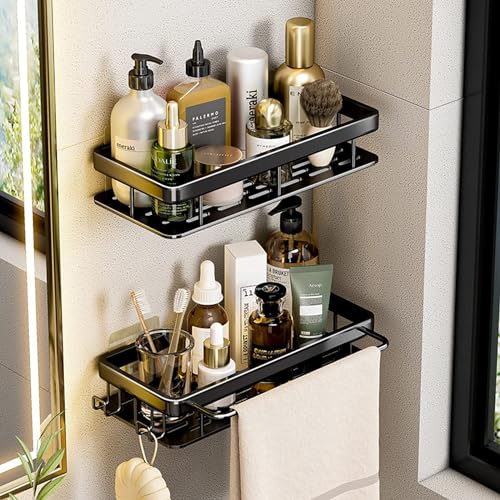 Duschregal,2 Stück Duschkorb, Duschablage Ohne Bohren Duschkorb mit 5 Haken & Handtuchhalter, Duschregal Nagelfrei Selbstklebend Kleber Wandhängend Dusche Organizer,Space Aluminium,Rostfrei, Schwarz von Boppon
