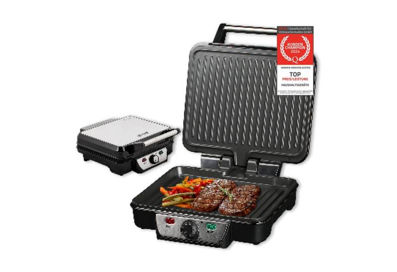 TZS FIRST AUSTRIA Kontaktgrill Kontaktgrill, Tischgrill, Elektrogrill, Grillplatte, 1800 W, Thermostat, Edelstahl, 1800W, für Fleisch & Gemüse, 180-Grad-Öffnung von TZS FIRST AUSTRIA