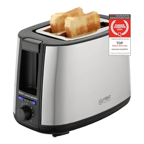 TZS First Austria 2-Scheiben Toaster | Selbstzentrierfunktion | 7 Bräunungsstufen | Auftau- und Aufwärmfunktion | Brötchenwärmer | 650-750W von TZS First Austria