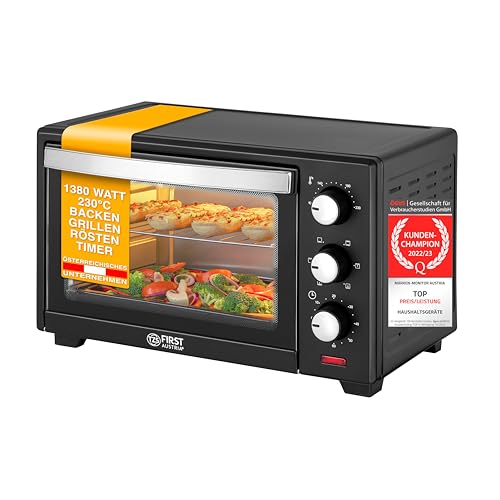 TZS First Austria 20 Liter Minibackofen mit 1380 Watt schwarz | Unter-Oberhitze bis 230 Grad stufenlose Temperaturregelung | 60 Minuten Timer | Doppelglastür | Mini Ofen | Krümelblech von TZS First Austria