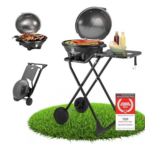 TZS First Austria 2in1 Elektrogrill – extrem stabiler & klappbarer Elektrogrill für Balkon – abnehmbarer 2400 Watt Standgrill mit Deckel, Standfuß & Rädern, Kunststoff/Metall – inkl. Temperaturregler von TZS First Austria