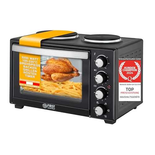 TZS First Austria Mini-Backofen mit Kochplatten | 30L Kapazität | 3200W, Umluft, max 230°C | geeignet für Camping, Wohnheim & Kleinküchen von TZS First Austria