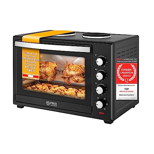 TZS First Austria Mini-Backofen mit Kochplatten | 60L Kapazität | 3400W, Umluft, max 230°C | geeignet für Camping, Wohnheim & Kleinküchen von TZS First Austria