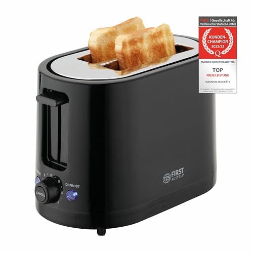 TZS First Austria Doppel Kurzschlitz Toaster, 2 Scheiben, schwarz, 750W, 7 Stufen, Warmhalte- und Auftaufunktion, inkl. Krümelschale von TZS First Austria