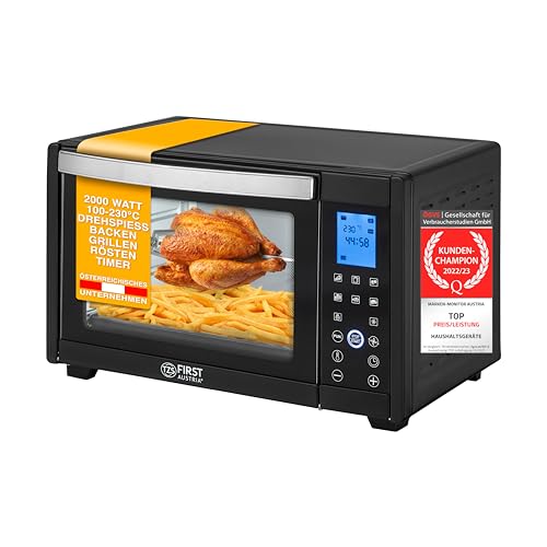 TZS First Austria Minibackofen, 30L, 1600 Watt, Digitalanzeige, kompakter Elektroofen für den Tischgebrauch, Backen & Grillen, digitales Bedienfeld, inkl. Drehspieß, in Schwarz von TZS First Austria