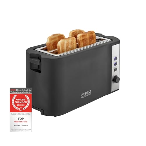 TZS First Austria Toaster | 4 Scheiben Langschlitz | 6 Bräunungsstufen | Auftau- und Aufwärmfunktion | Brötchenwärmer | Krümelschale von TZS First Austria