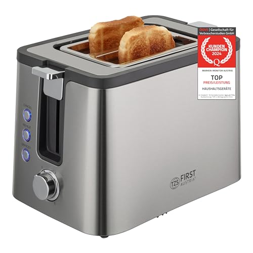 TZS First Austria Toaster | Edelstahl | 2-Scheiben | 6 Bräunungsstufen | Auftau- und Aufwärmfunktion | integrierter Brötchenwärmer | Krümelfach von TZS First Austria