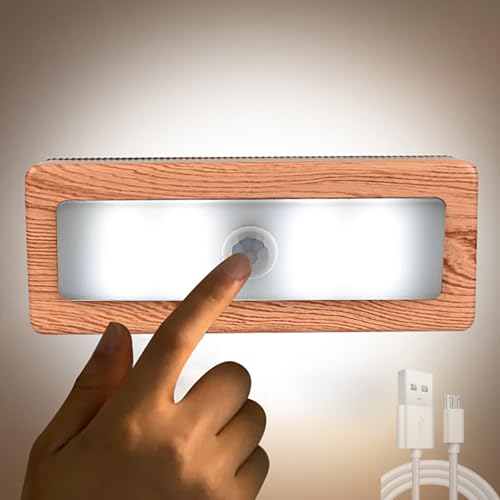 TZSMUM Akku Aufladbar USB Wandleuchte mit Bewegungsmelder Holz Innen LED Kabellose Nachtlicht mit Schalter Magnetische Tragbare Wandlampe Weißes Licht Wohnzimmer Schlafzimmer Korridor Balkon (1 Stück) von TZSMUM