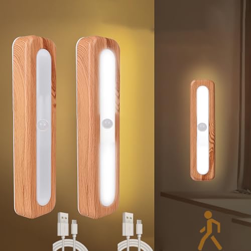 TZSMUM Akku Aufladbar USB Wandleuchte mit Bewegungsmelder Holz Innen LED Kabellose Nachtlicht mit Schalter Magnetische Tragbare Wandlampe Weißes Licht Wohnzimmer Schlafzimmer Korridor Balkon (2 Stück) von TZSMUM