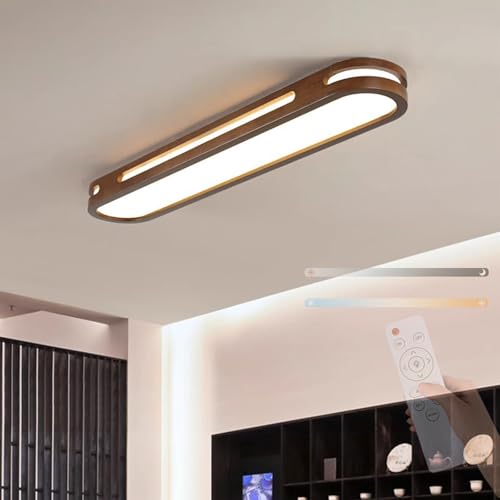 Holz LED Deckenlampe mit Fernbedienung Innen Deckenleuchte 2700K-6500K Dimmbar Deckenleuchten Rustikale Moderne Decke Deko Deckenlampe Esszimmer Flur Treppenhaus Bad Balkon (Dunkle Holzfarbe,90cm) von TZSMUM