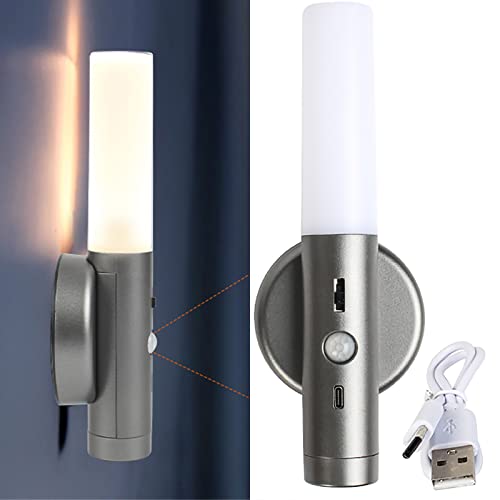 LED Batteriebetrieben Wandlampe Innen Dimmbar Akku Batterie Wandleuchte mit Bewegungsmelder USB Wiederaufladbare Magnetisch Treppen Flur Schlafzimmer Kinderzimmer Eingang Gang Licht (Grau,1 Stück) von TZSMUM