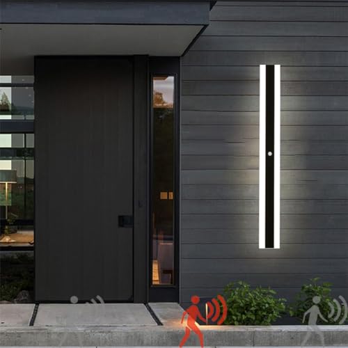 LED Lang Außen Innen Außenlampe mit Bewegungsmelder Moderne Wandleuchte Acryl Eisen IP65 Wasserdicht Wandlampe Balkon Garten Außenwandleuchte schwarz Haustür Veranda Innenhof (Weißes Licht,80CM) von TZSMUM