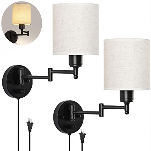 Lange Arm Vintage Wandlampe mit Schalter und Stecker Flurlampe Wandleuchte Stoff Lampenschirm Retro Schwarz Wandbeleuchtung E27 Innen Verstellbar Wand Leselampen für Schlafzimmer Esszimmer (2 Stücks) von TZSMUM