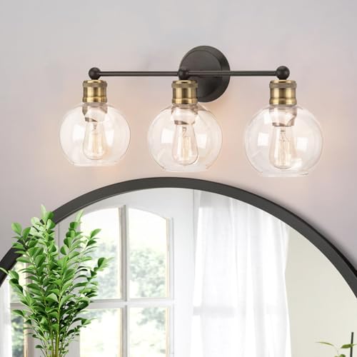 Spiegelleuchte Bad Wandlampe Vintage Wandleuchte E27 Indoor Wandbeleuchtung mit Glas Lampenschirm Wandleuchten Metall (Ohne Leuchtmittel) für Schlafzimmern Wohnzimmer Flur (Schwarz Gold,3 Flammig) von TZSMUM