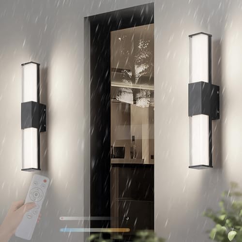 TZSMUM Außen Dimmbar Wandlampe mit Fernbedienung Moderne Wandleuchte Wasserdicht IP65 Lang Wandbeleuchtung 2700K-6500K Aluminium Acryl Wandlampe Schwarz Haustür Terrassenlampen (40cm) von TZSMUM