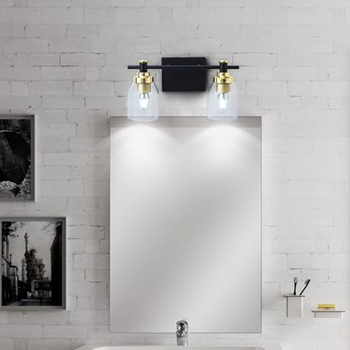 TZSMUM E27 Badezimmer Spiegel Wandlampe mit Glas Lampenschirm Wandleuchte Schwarz+Gold Eisen Vintage Design Wandbeleuchtung (Ohne Glühbirnen) für Schlafzimmer Wohnzimmer (36cm,Neutrales Licht) von TZSMUM