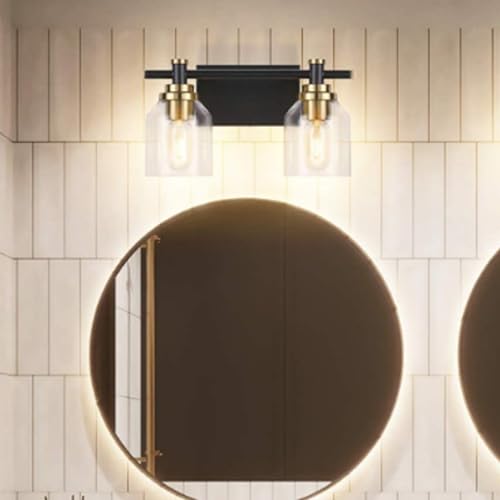 TZSMUM E27 Badezimmer Spiegel Wandlampe mit Glas Lampenschirm Wandleuchte Schwarz+Gold Eisen Vintage Design Wandbeleuchtung (Ohne Glühbirnen) für Schlafzimmer Wohnzimmer (36cm,Warmes Licht) von TZSMUM