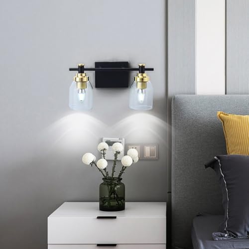 TZSMUM E27 Badezimmer Spiegel Wandlampe mit Glas Lampenschirm Wandleuchte Schwarz+Gold Eisen Vintage Design Wandbeleuchtung (Ohne Glühbirnen) für Schlafzimmer Wohnzimmer (36cm,Weißes Licht) von TZSMUM
