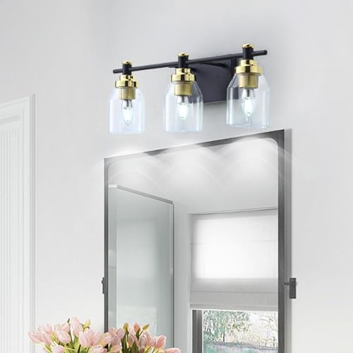TZSMUM E27 Badezimmer Spiegel Wandlampe mit Glas Lampenschirm Wandleuchte Schwarz+Gold Eisen Vintage Design Wandbeleuchtung (Ohne Glühbirnen) für Schlafzimmer Wohnzimmer (50cm,Neutrales Licht) von TZSMUM