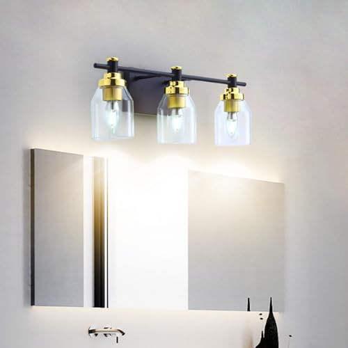 TZSMUM E27 Badezimmer Spiegel Wandlampe mit Glas Lampenschirm Wandleuchte Schwarz+Gold Eisen Vintage Design Wandbeleuchtung (Ohne Glühbirnen) für Schlafzimmer Wohnzimmer (50cm,Warmes Licht) von TZSMUM