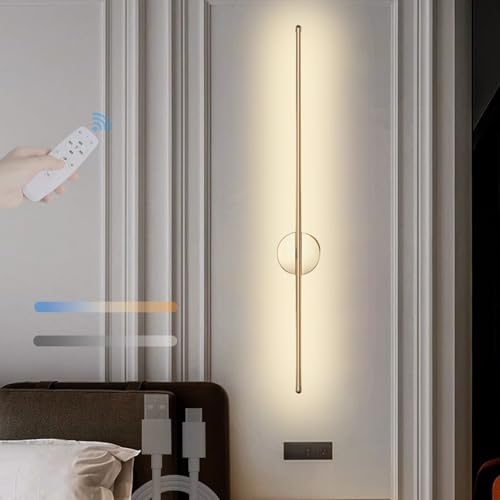 TZSMUM LED Akku Wandlampe mit Fernbedienung Wandleuchte Innen Dimmbar 3 Farbmodi 2700K-6500K Wandbeleuchtung Aufladbar USB Kabellos Modern für Wohnzimmer Schlafzimmer Esszimmer (Gold,100cm) von TZSMUM